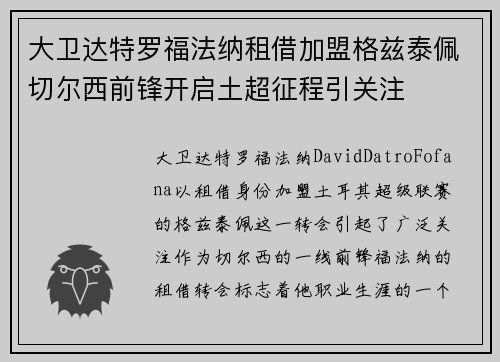 大卫达特罗福法纳租借加盟格兹泰佩切尔西前锋开启土超征程引关注 大卫达特罗福法纳租借加盟格兹泰佩切尔西前锋开启土超征程引关注